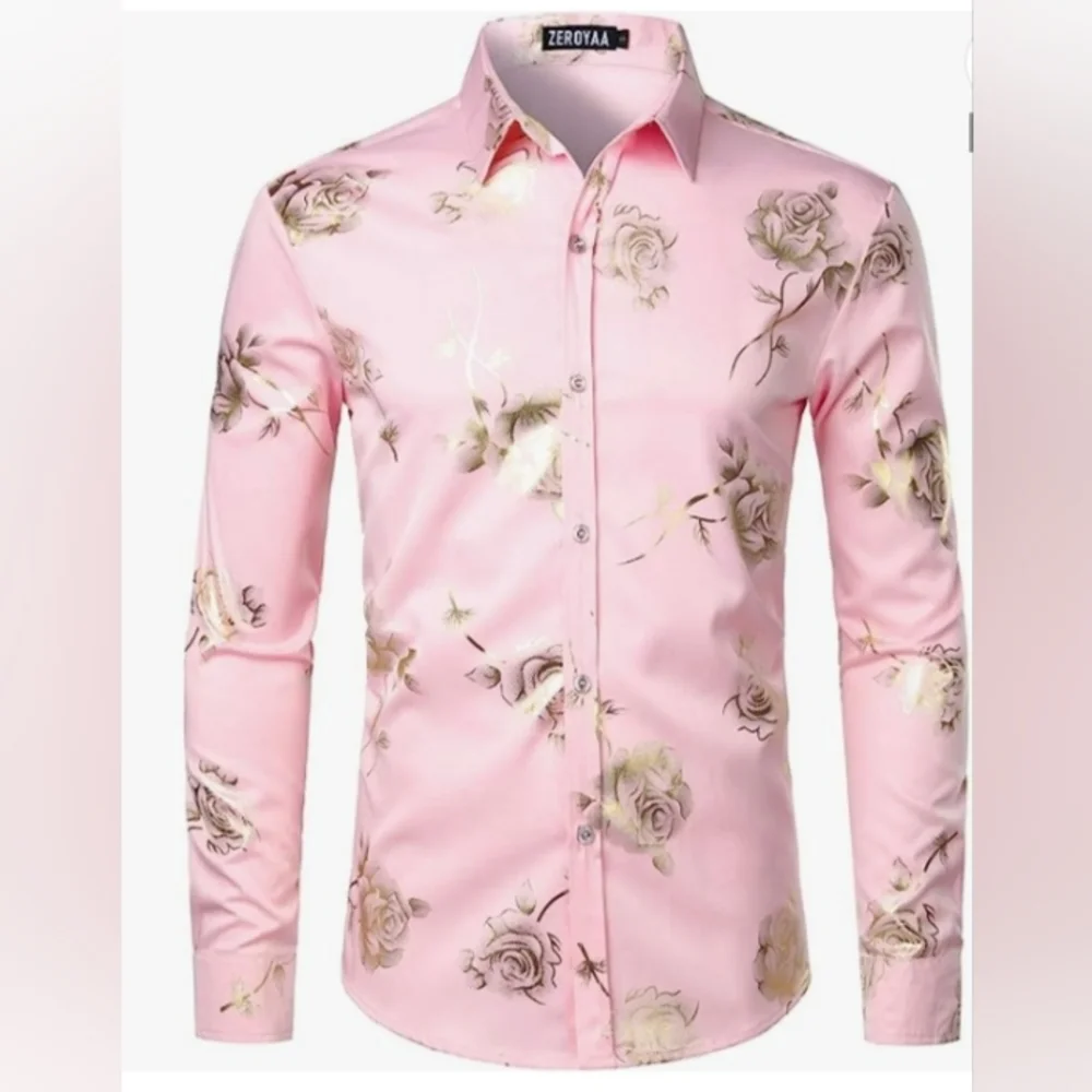 Mens Pink/Gold flowered Dressy Shirt - Picture 1 of 4